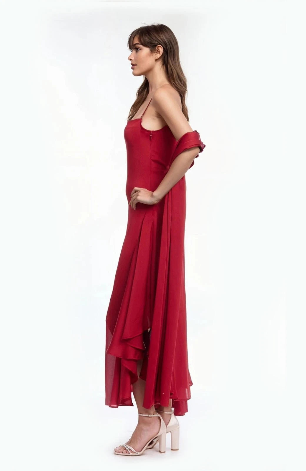 Red Square-Neck Midi Chiffon Cocktail High-Low Dress Jewel Badgley Mischka J0543