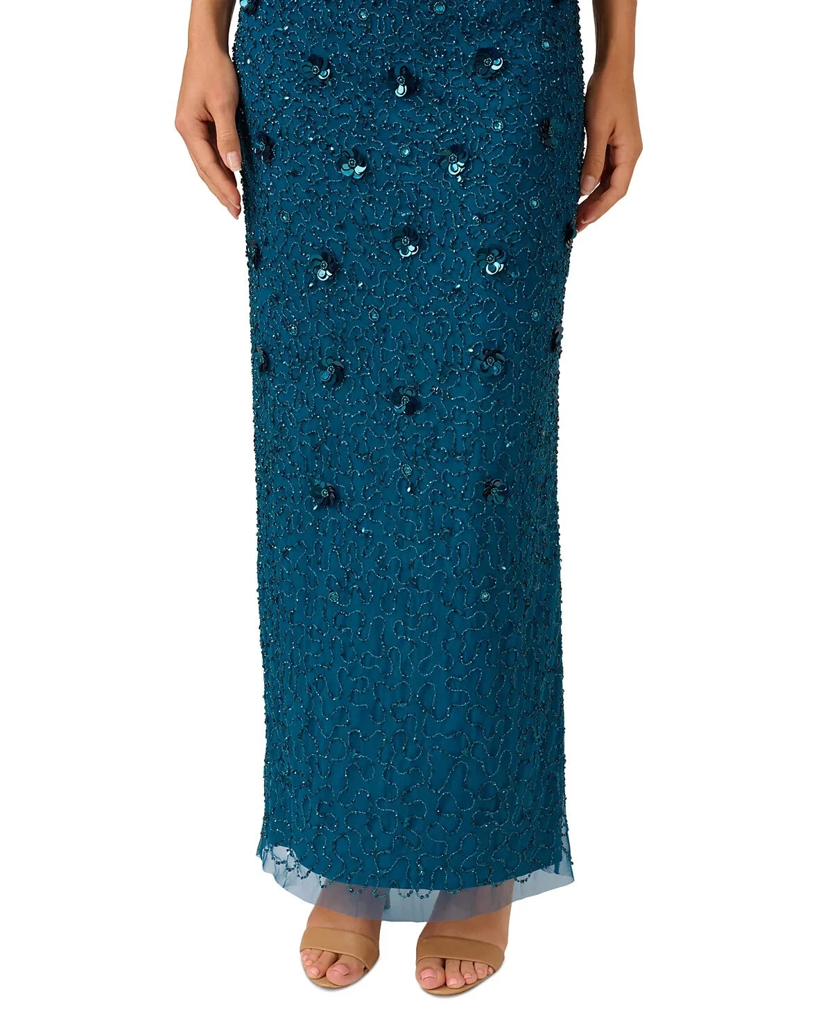 Teal Sapphire Adrianna Papell AP1E209314 Crew Neck Long Mesh Beaded Applique Formal Dress