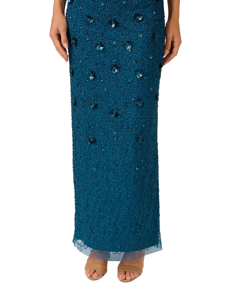 Teal Sapphire Adrianna Papell AP1E209314 Crew Neck Long Mesh Beaded Applique Formal Dress