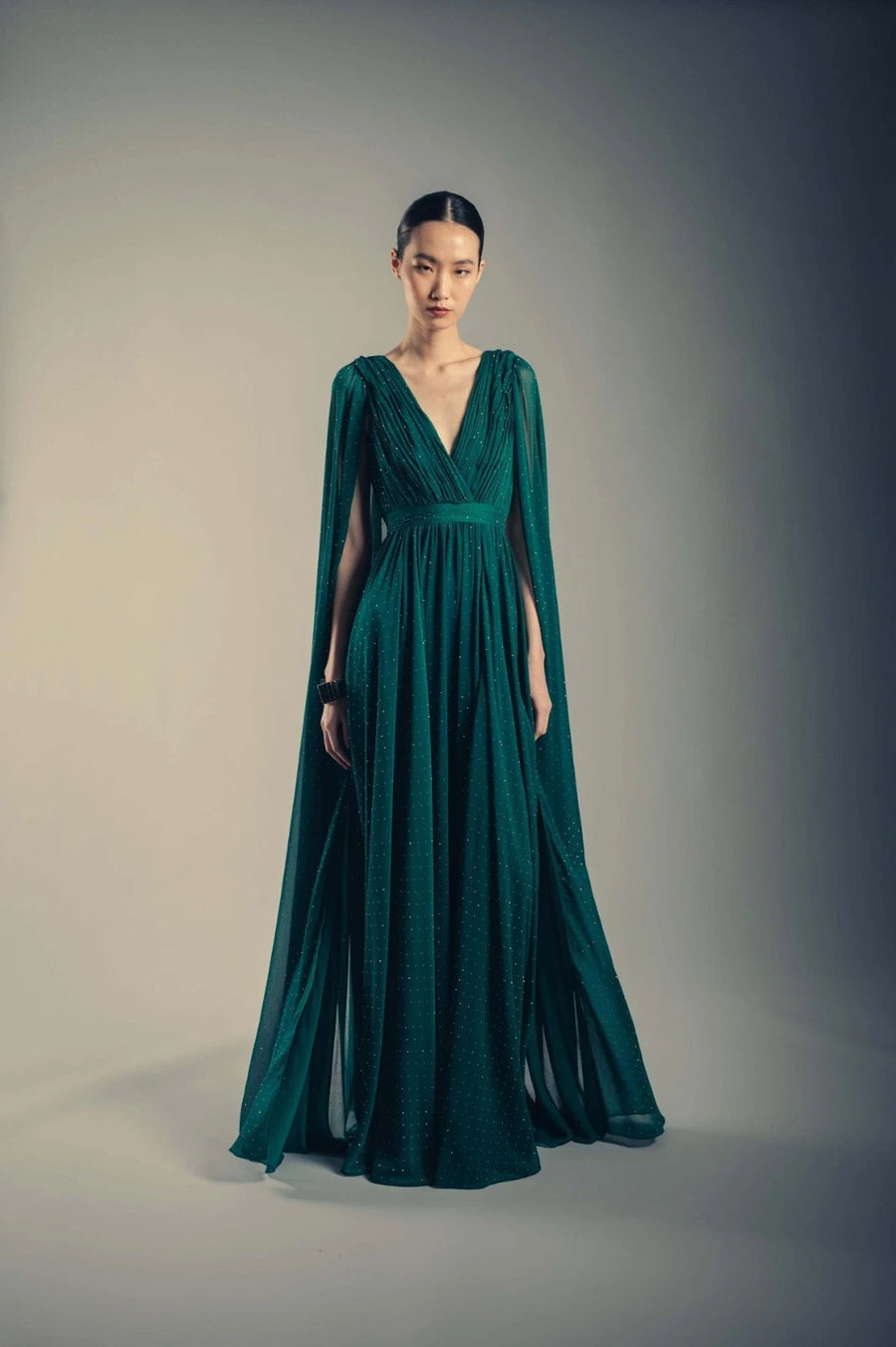 Dark Emerald V-Neck Floor-Length Chiffon Formal Cape Sleeve Gown Badgley Mischka EG4610B
