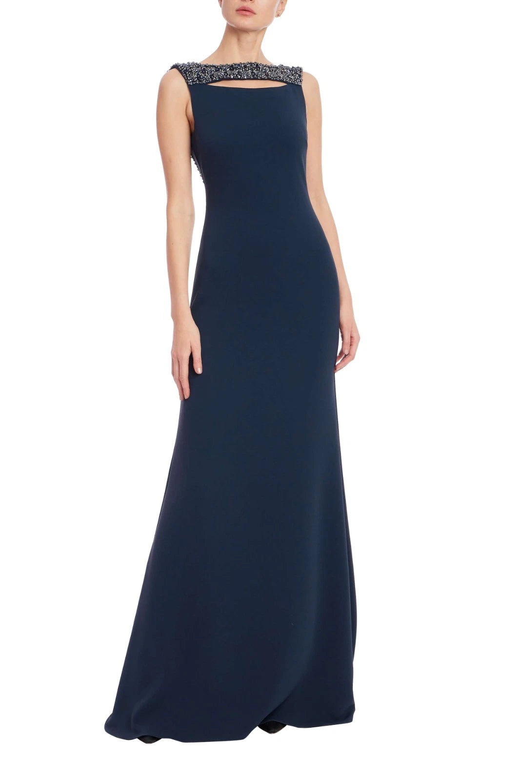 Navy Bateau Neck Floor-Length Crepe Formal A-Line Gown Beaded Neckline Badgley Mischka EG4620
