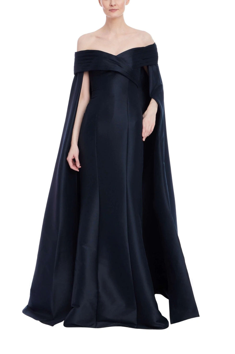 Navy Off-the-Shoulder Floor-Length Mikado Formal Ball Gown with Cape Detail Badgley Mischka EG4608A