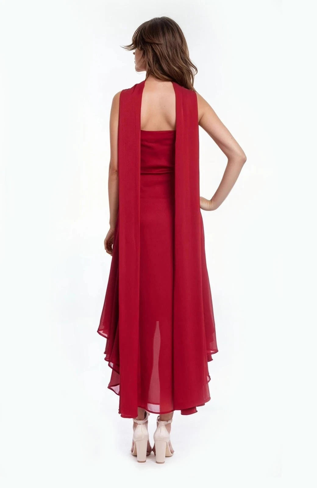 Red Square-Neck Midi Chiffon Cocktail High-Low Dress Jewel Badgley Mischka J0543