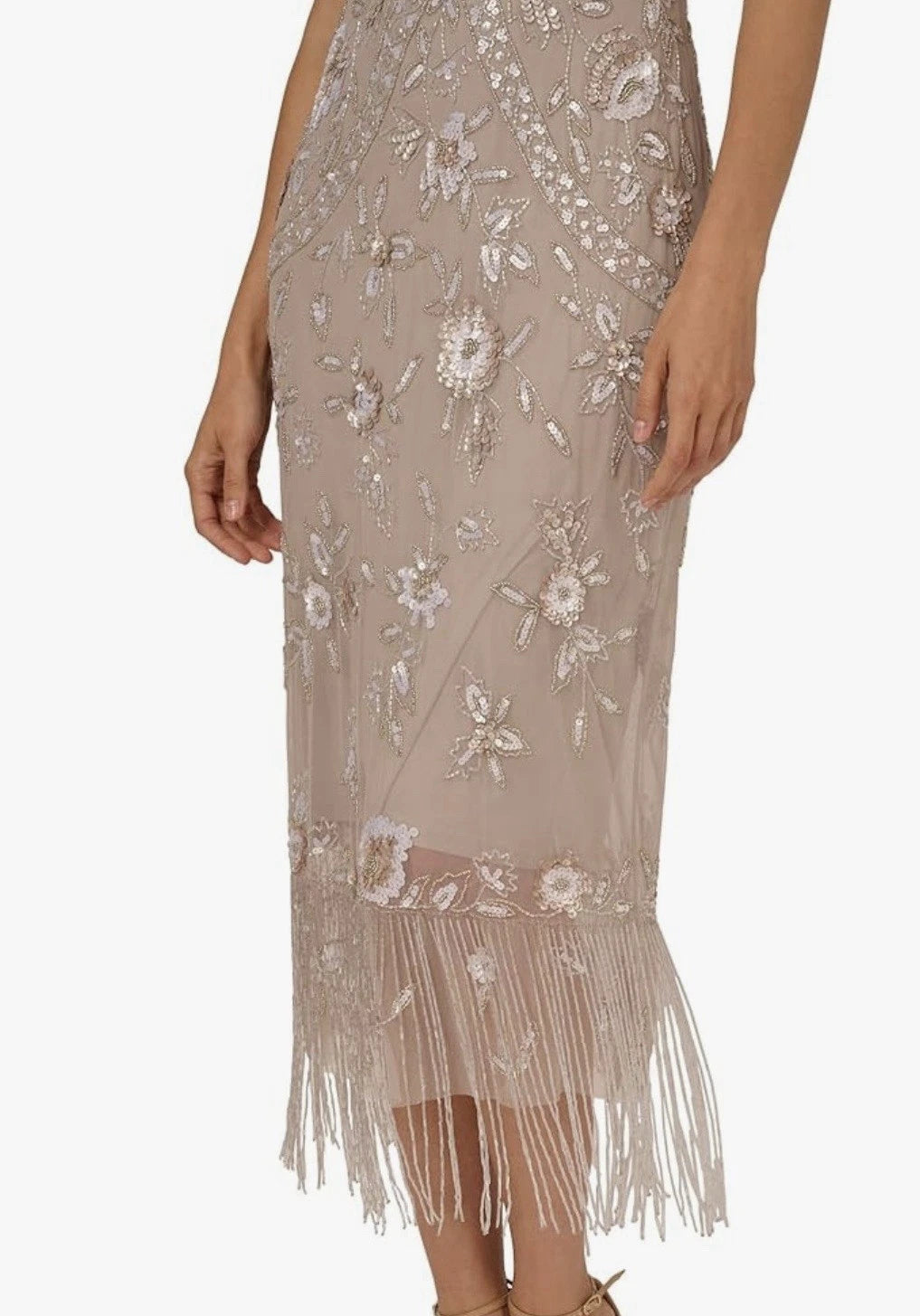 Adrianna Papell AP1E212716 Flutter Sleeve Beaded Fringe Midi Dress