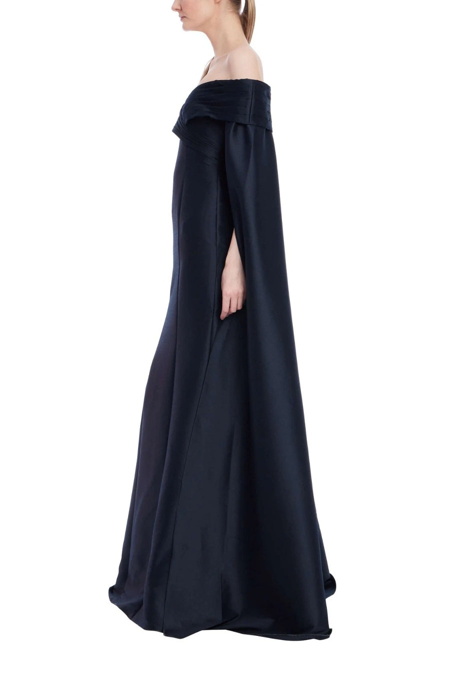 Navy Off-the-Shoulder Floor-Length Mikado Formal Ball Gown with Cape Detail Badgley Mischka EG4608A