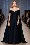 Navy Off-the-Shoulder Floor-Length Mikado Formal Ball Gown with Cape Detail Badgley Mischka EG4608A