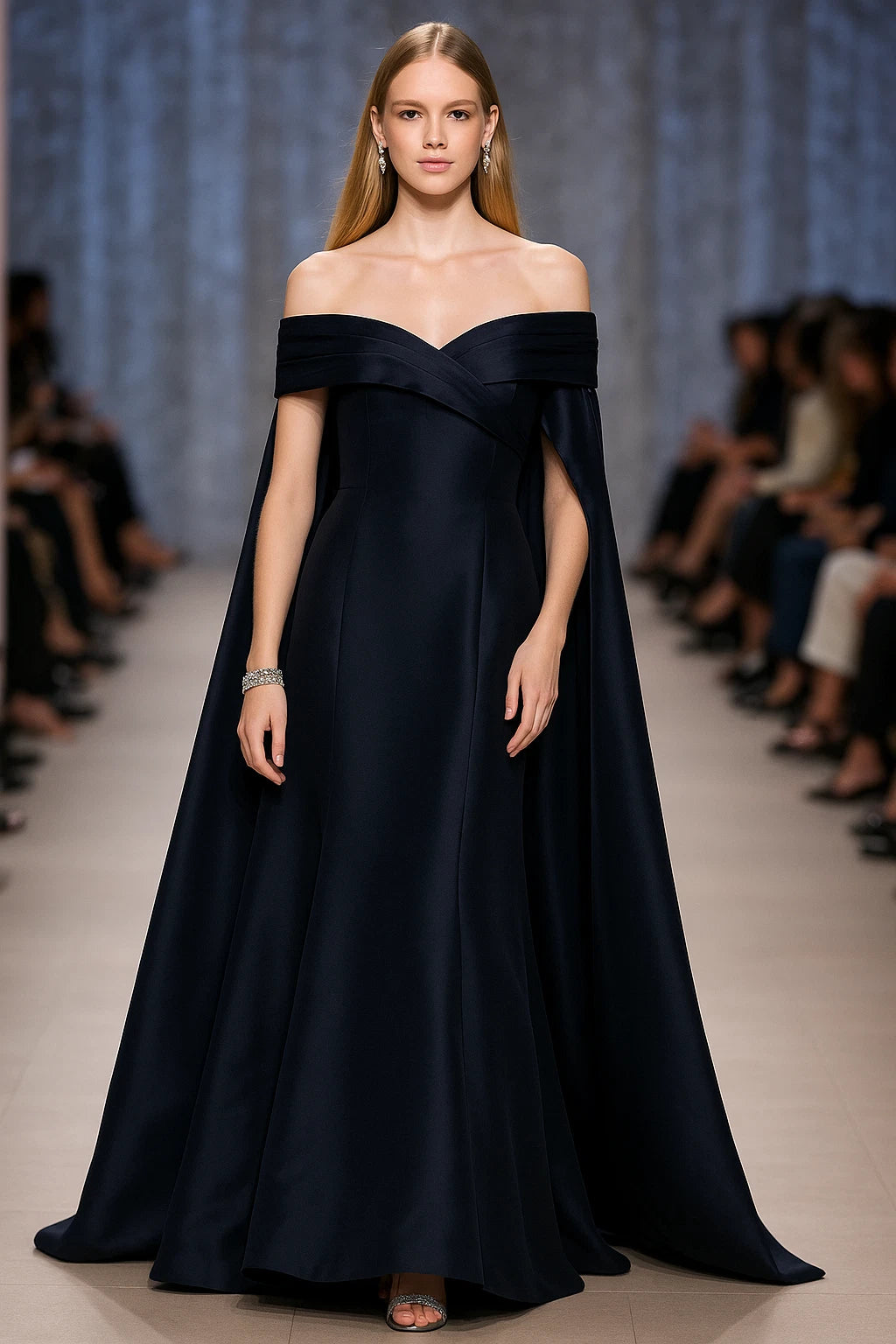 Navy Off-the-Shoulder Floor-Length Mikado Formal Ball Gown with Cape Detail Badgley Mischka EG4608A