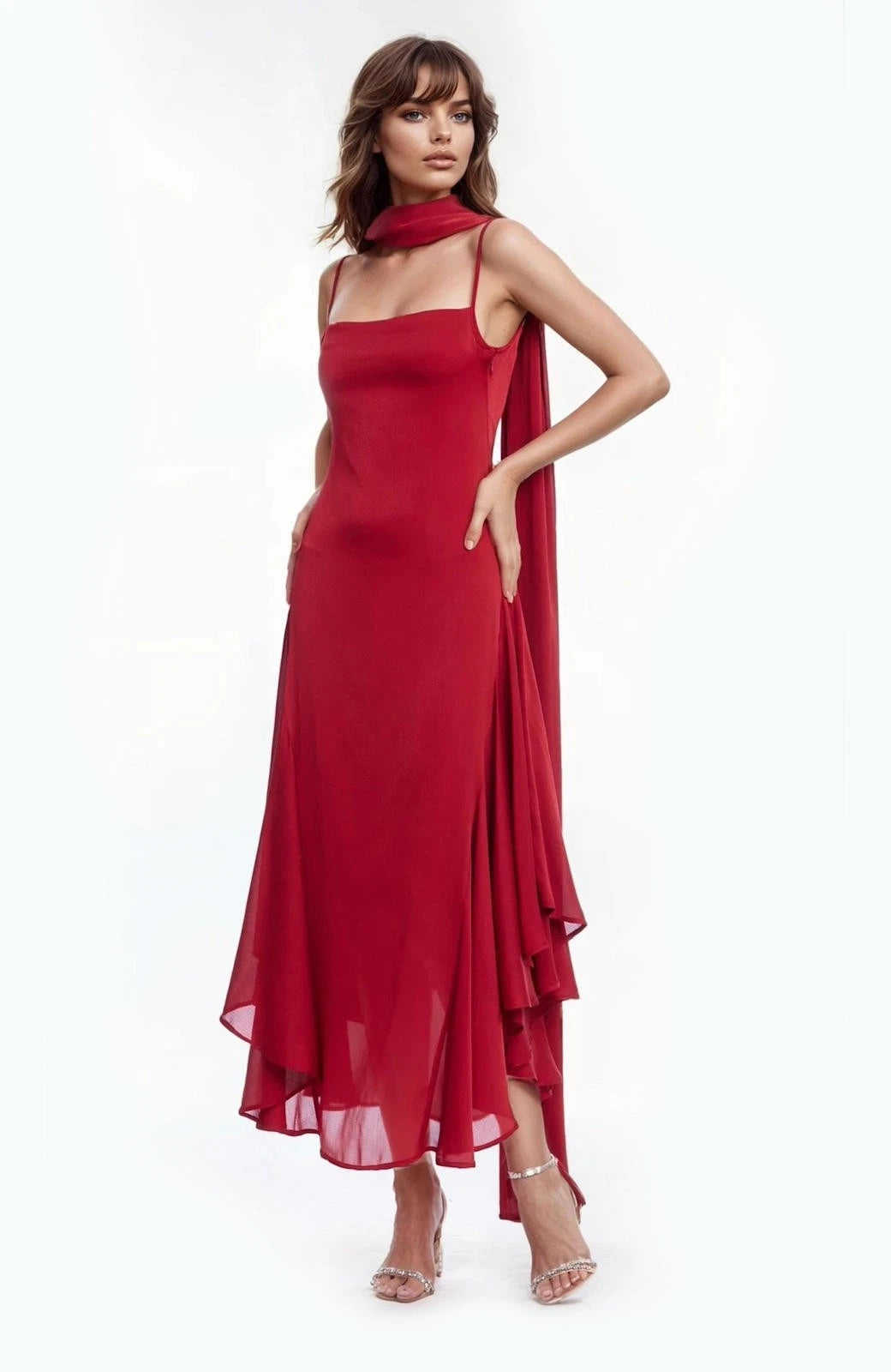Red Square-Neck Midi Chiffon Cocktail High-Low Dress Jewel Badgley Mischka J0543