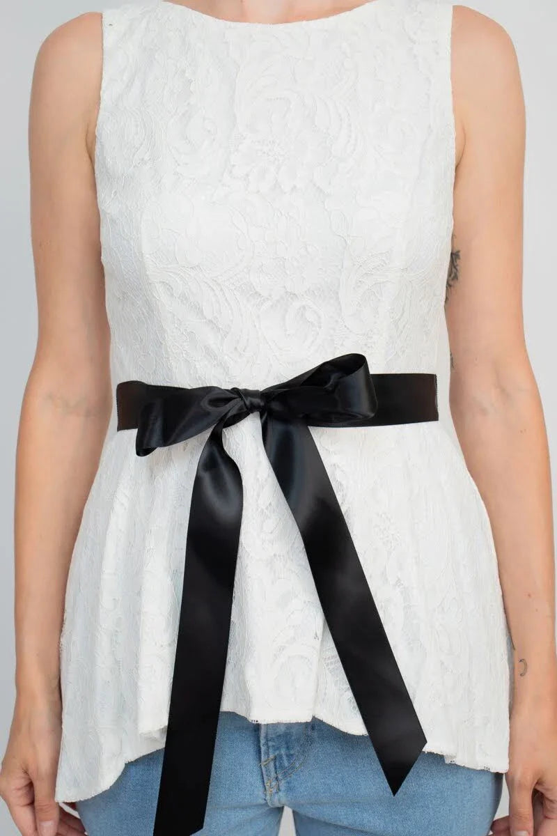 Formal Dresses Boat Neck Sleeveless Tie Waist High-Low Hem Lace Top IVORY BLACK