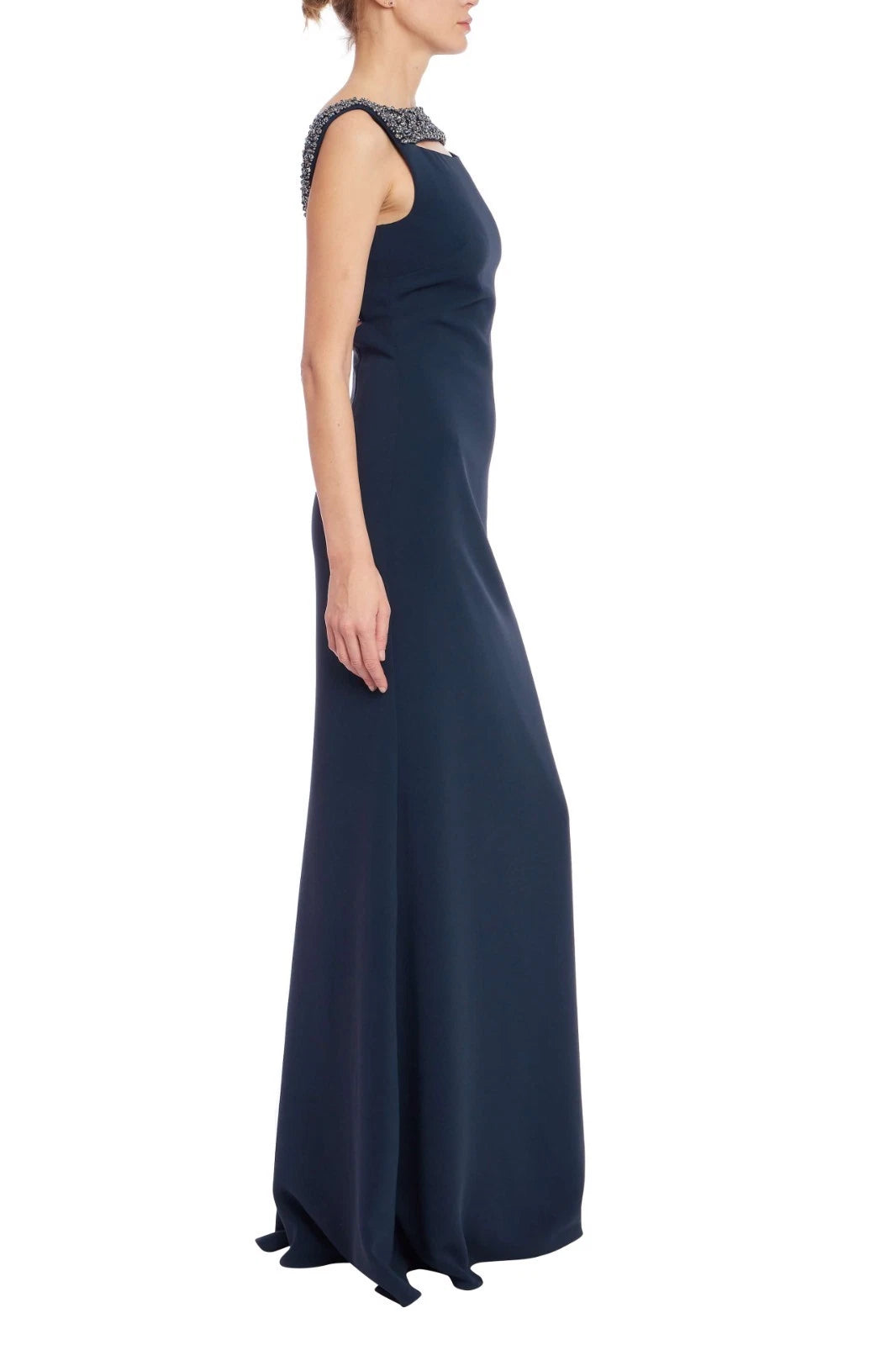 Navy Bateau Neck Floor-Length Crepe Formal A-Line Gown Beaded Neckline Badgley Mischka EG4620