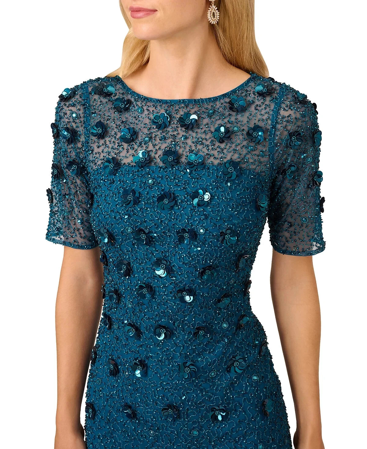 Teal Sapphire Adrianna Papell AP1E209314 Crew Neck Long Mesh Beaded Applique Formal Dress
