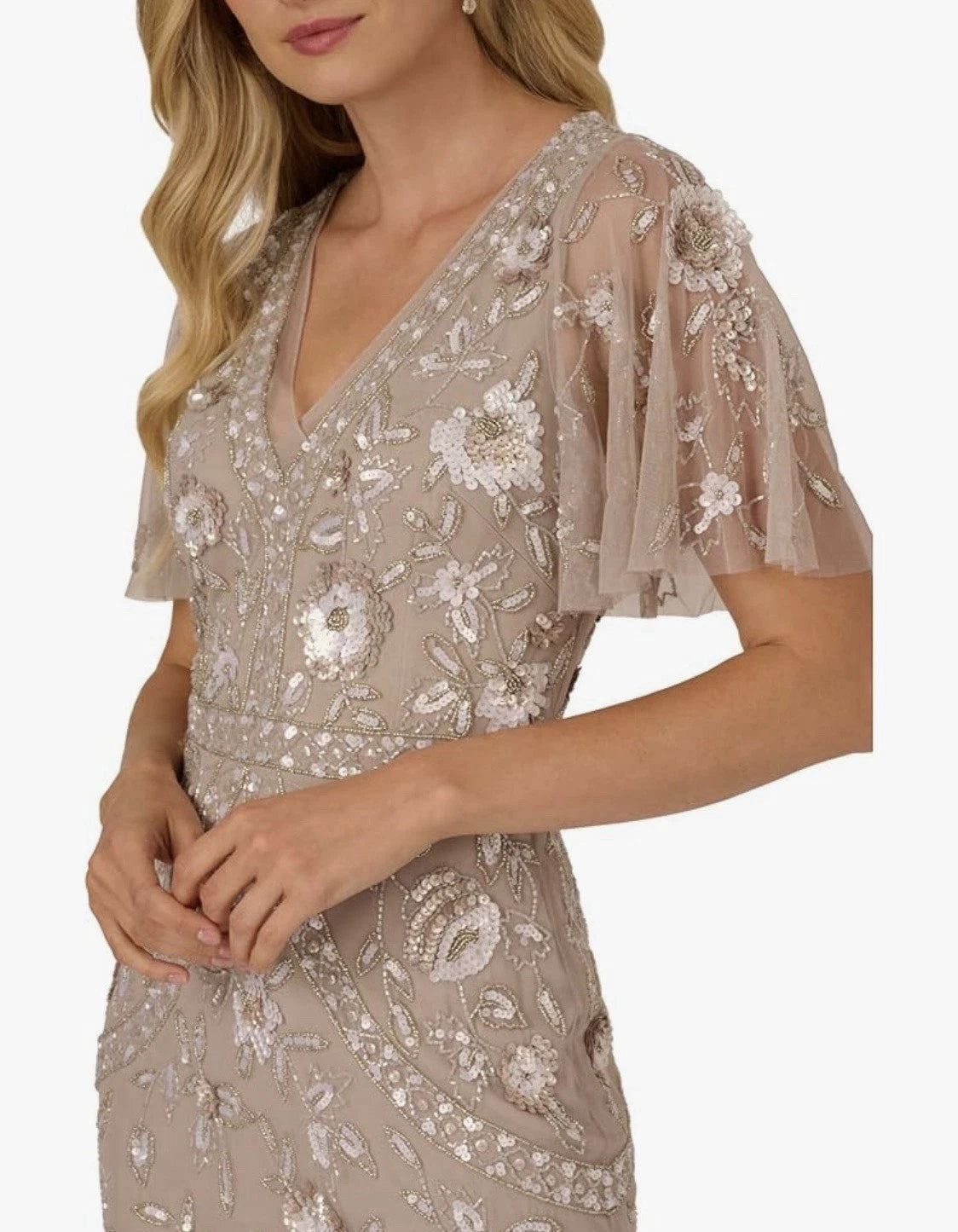 Adrianna Papell AP1E212716 Flutter Sleeve Beaded Fringe Midi Dress