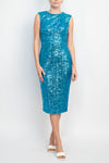 Turquoise Jewel Neck Knee-Length Sequin Formal Sheath Dress Back Slit Badgley Mischka SC3835
