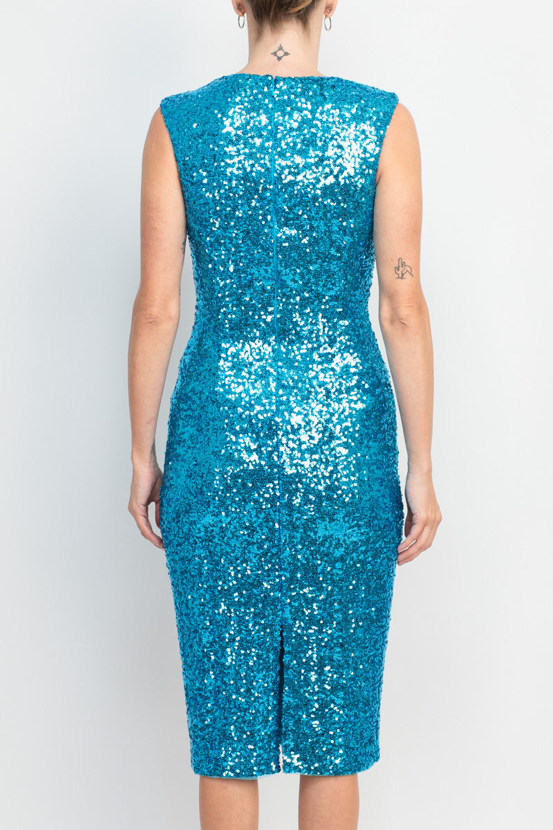 Turquoise Jewel Neck Knee-Length Sequin Formal Sheath Dress Back Slit Badgley Mischka SC3835