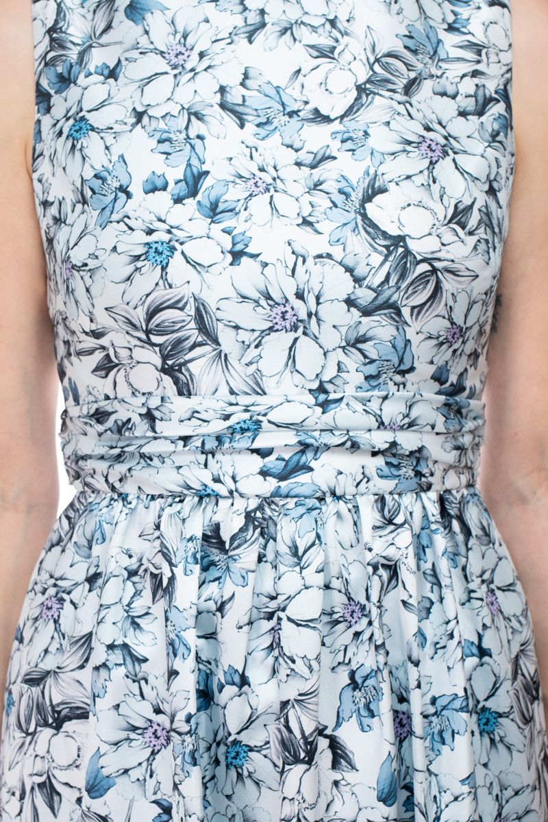 Blue Multi Bateau Neck Midi-Length Cotton Cocktail A-Line Dress Tiered Skirt and Cutout Back Badgley Mischka SC3933B
