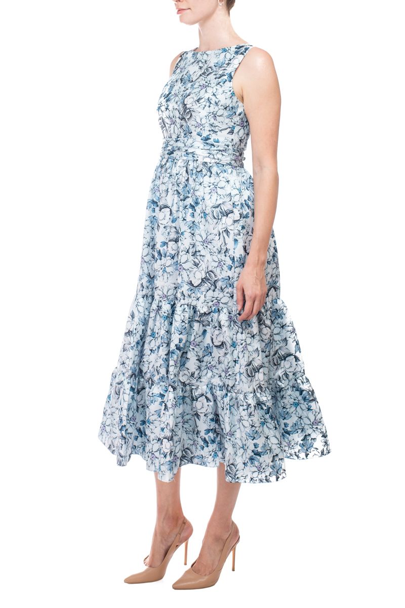 Blue Multi Bateau Neck Midi-Length Cotton Cocktail A-Line Dress Tiered Skirt and Cutout Back Badgley Mischka SC3933B