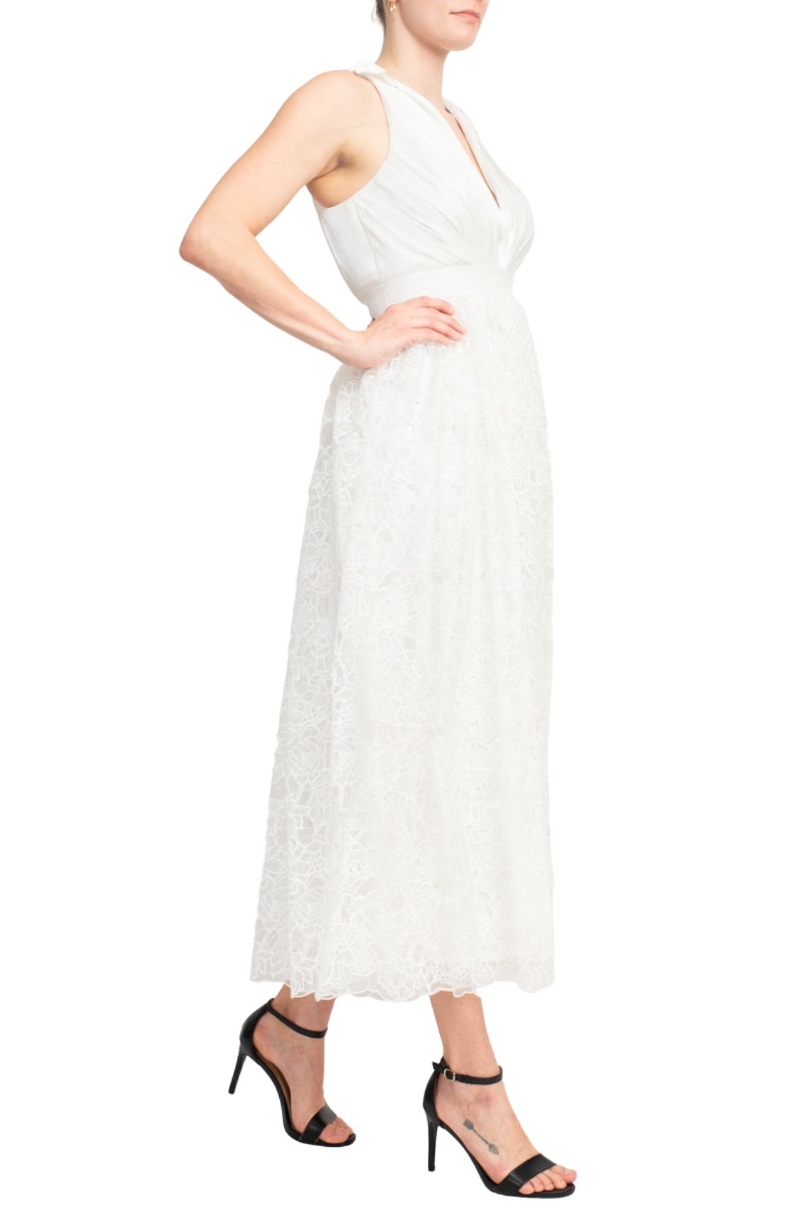 White Halter Neck Midi-Length Lace Cocktail A-Line Dress Sheer Bodice Badgley Mischka SC3965