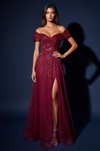 Front view of off shoulder floral A-line gown in Burgundy
