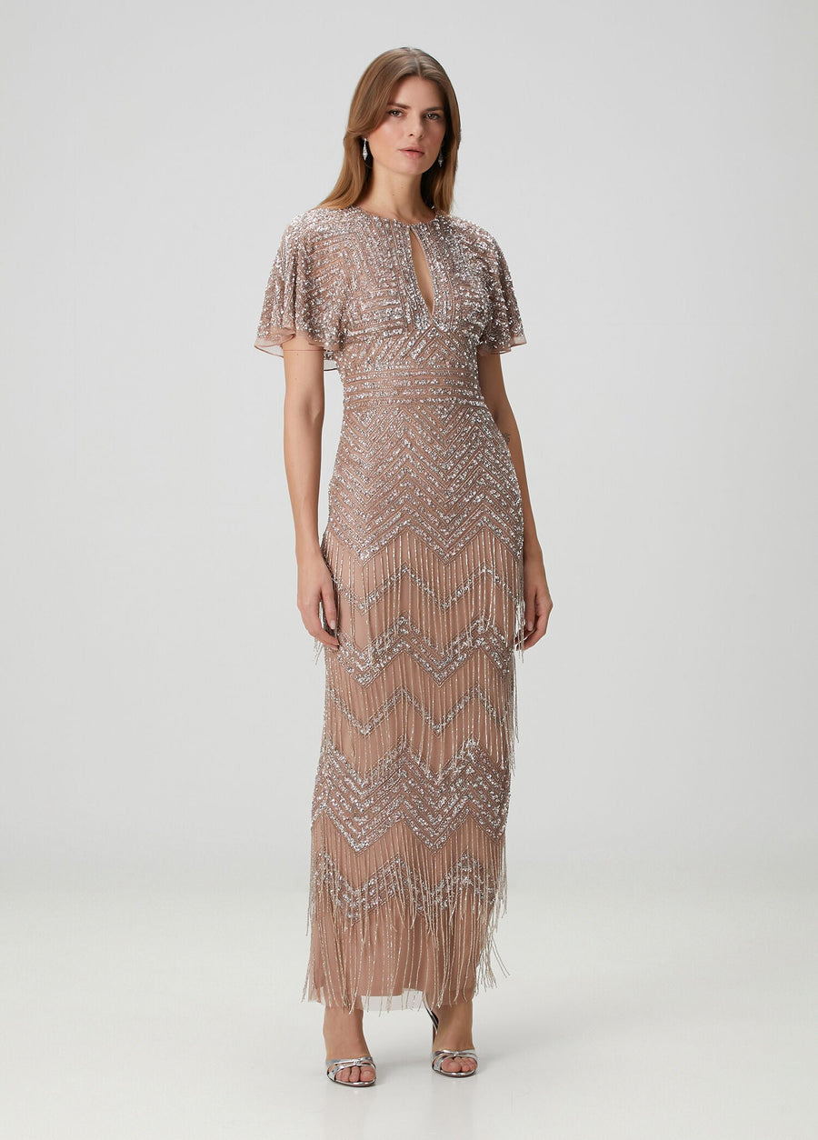 Rose Gold Adrianna Papell MD1E204761 Jewel Floor-Length Mesh Formal Dress Beaded