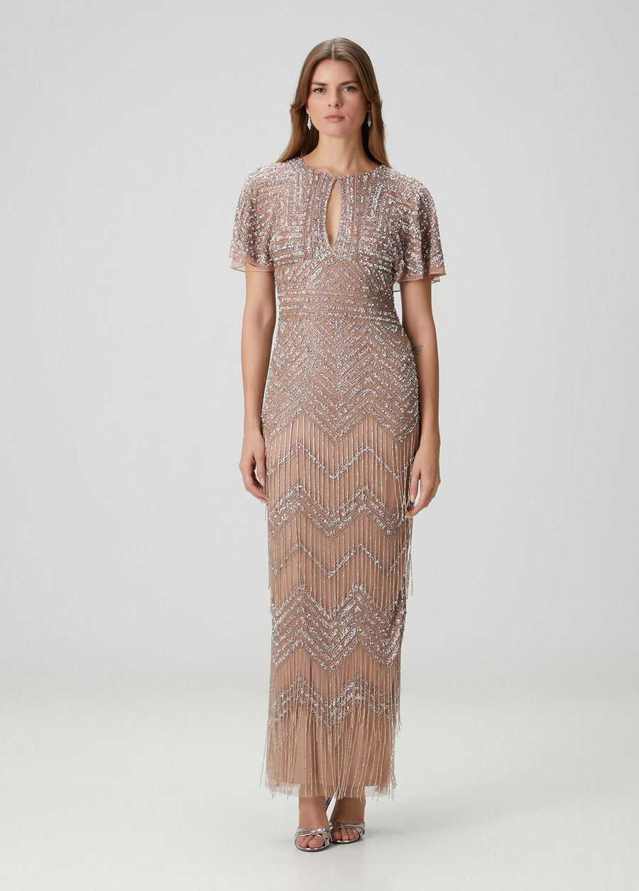Rose Gold Adrianna Papell MD1E204761 Jewel Floor-Length Mesh Formal Dress Beaded