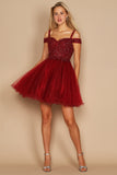 Homecoming Dresses Short Sparkle Off Shoulder Prom Dress Burgundy