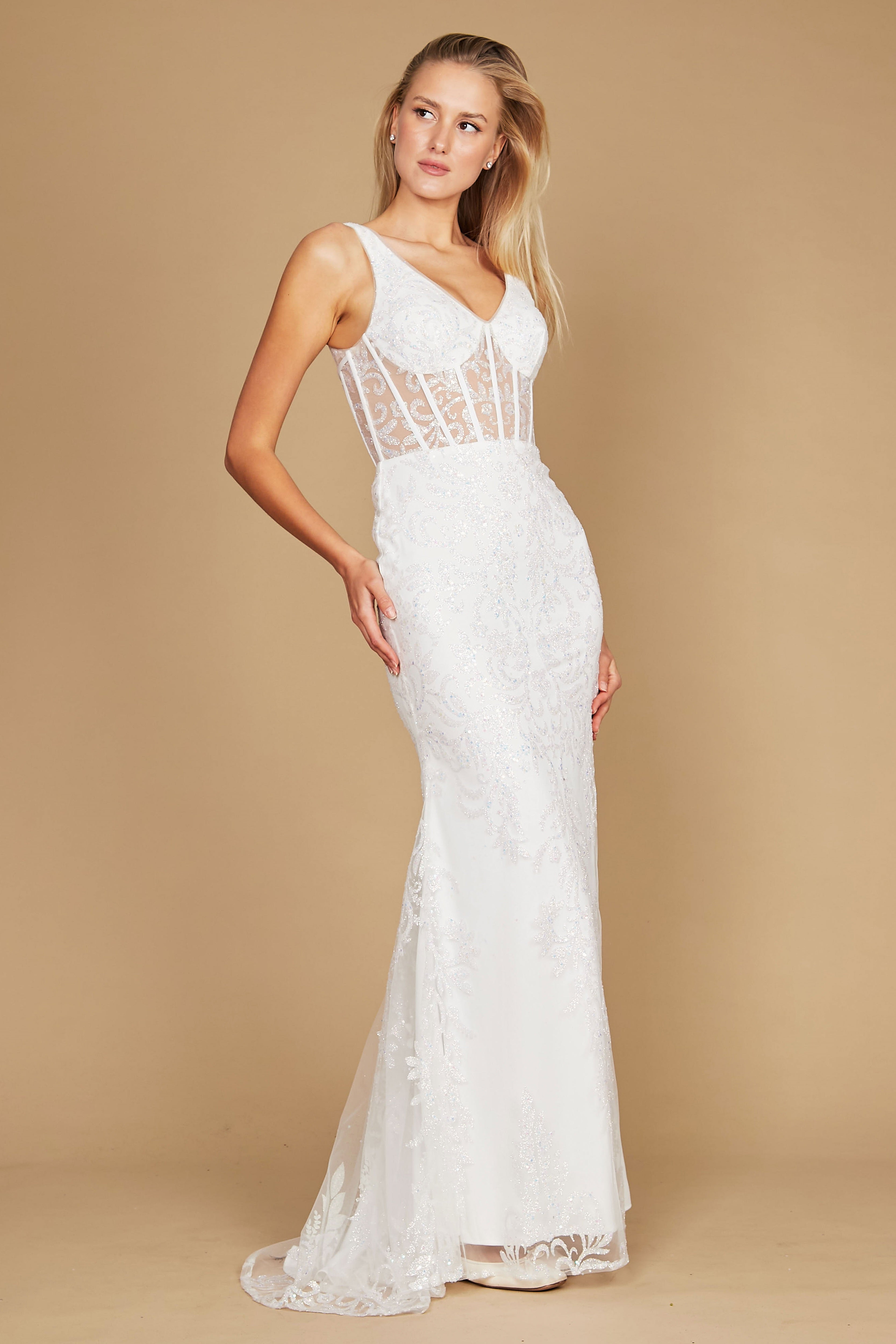 V Neck Corset Bodice Formal Prom Dress White