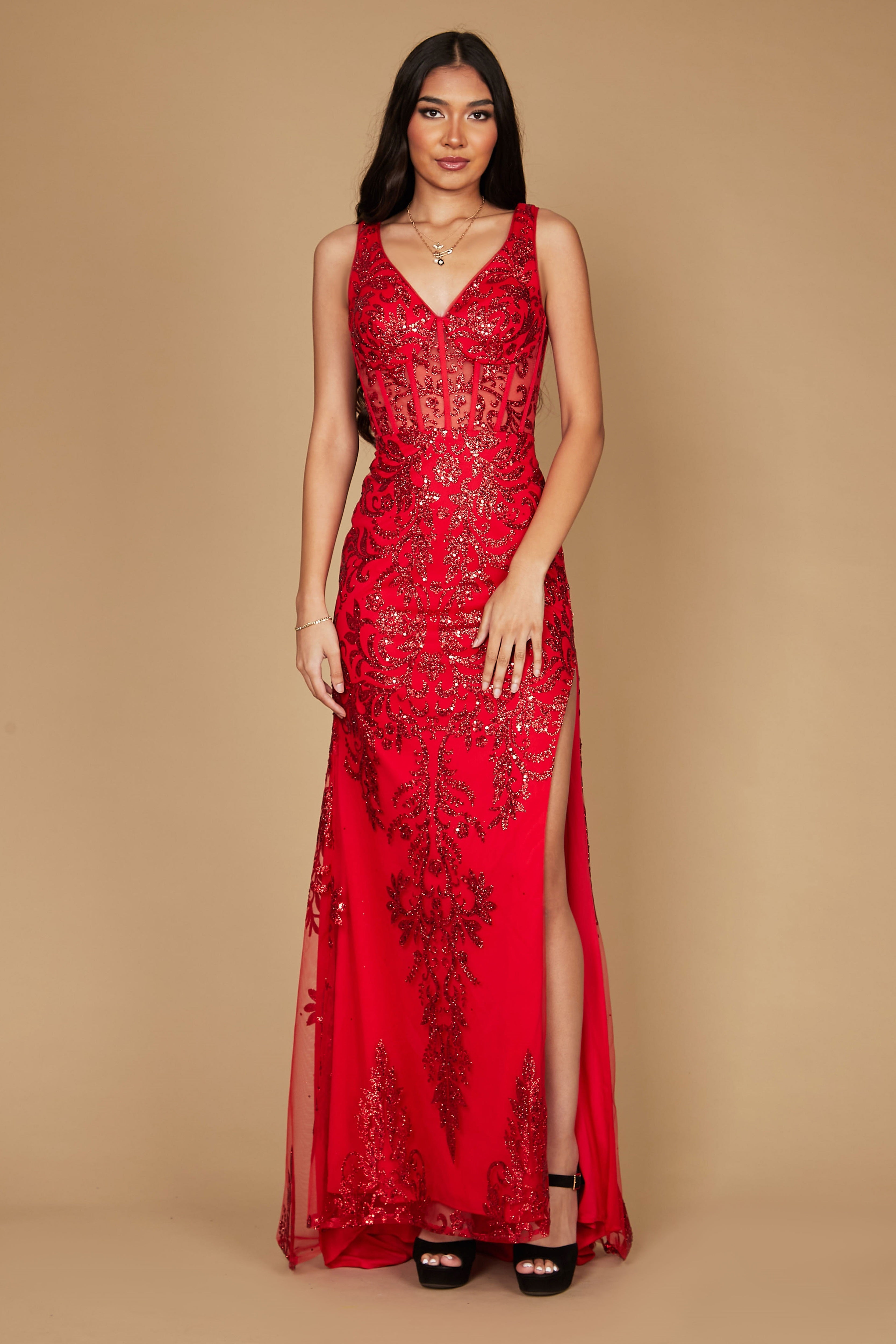 V Neck Corset Bodice Formal Prom Dress Red