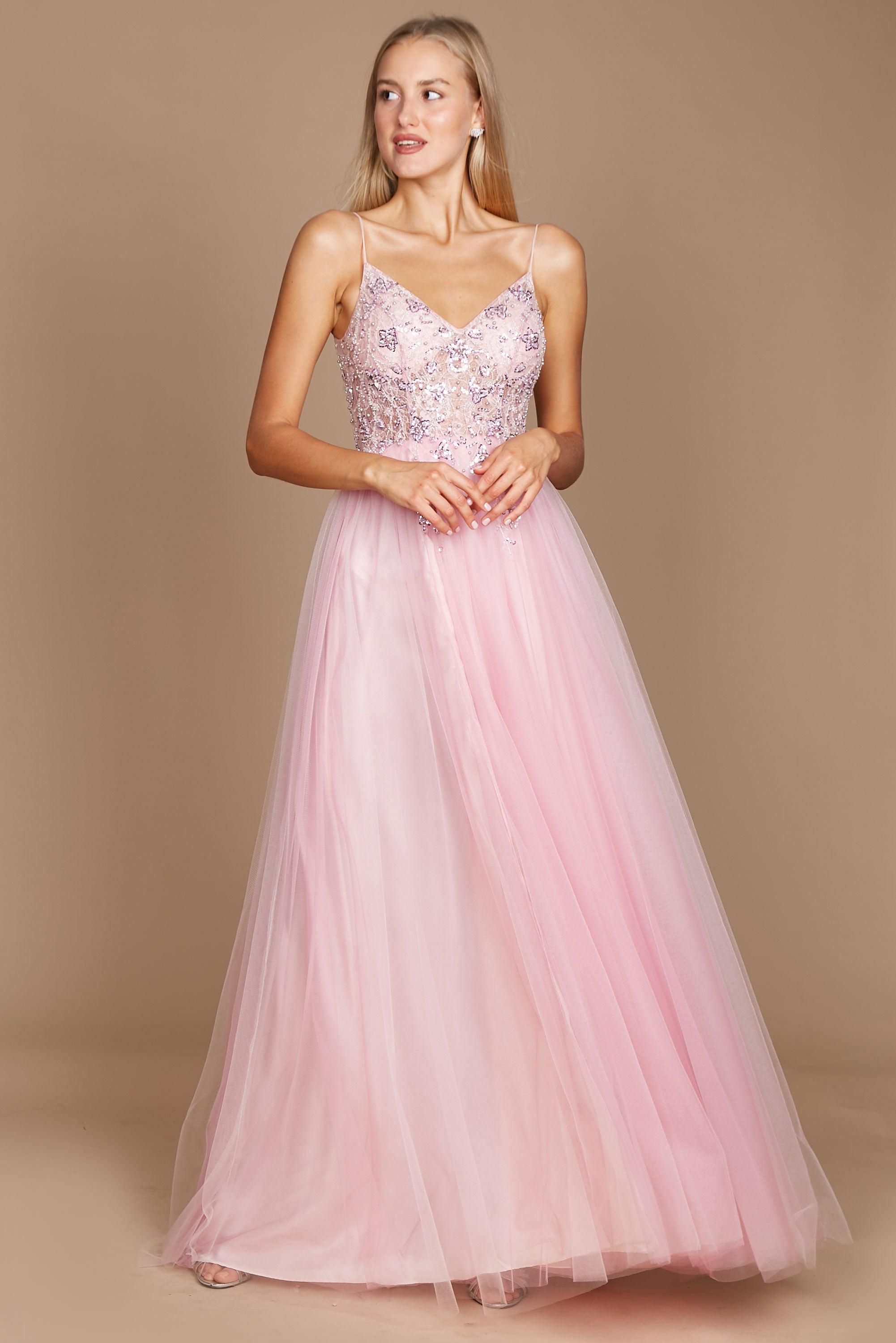 Dylan & Davids Long Jeweled Beaded Tulle Prom Dress Multi Pink